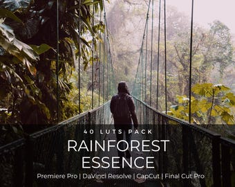 May include: A person with a backpack walks across a suspension bridge in a dense rainforest. Text overlay reads: 40 LUTS PACK RAINFOREST ESSENCE Premiere Pro | DaVinci Resolve | CapCut | Final Cut Pro. The scene features lush green foliage.