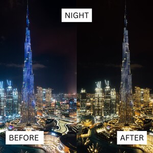 Puede incluir: Una vista a&eacute;rea nocturna de un horizonte urbano con un rascacielos alto iluminado en azul. El rascacielos est&aacute; rodeado de otros edificios y una gran fuente. El texto "NIGHT" aparece sobre la imagen y "BEFORE" aparece debajo de la imagen.