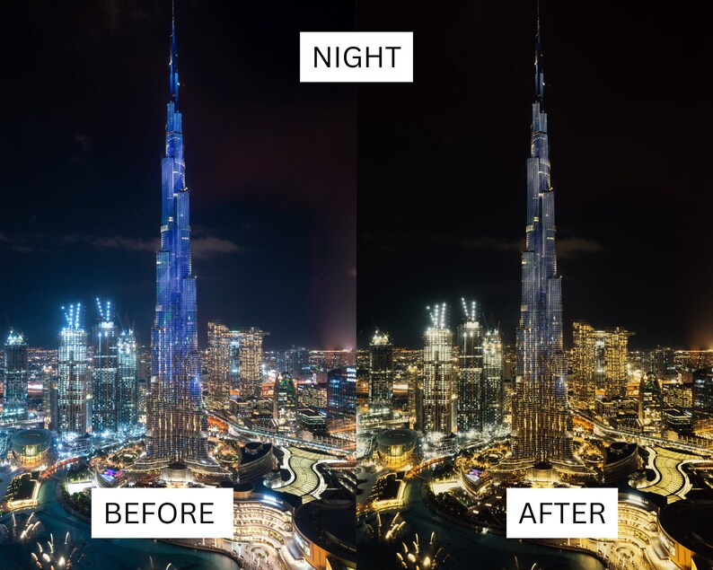 Puede incluir: Una vista a&eacute;rea nocturna de un horizonte urbano con un rascacielos alto iluminado en azul. El rascacielos est&aacute; rodeado de otros edificios y una gran fuente. El texto "NIGHT" aparece sobre la imagen y "BEFORE" aparece debajo de la imagen.