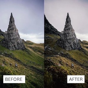 Puede incluir: Fotograf&iacute;a de un paisaje con una formaci&oacute;n rocosa alta y dentada en una ladera, con los textos "BEFORE" y "AFTER" en rect&aacute;ngulos blancos. La roca es gris y la ladera est&aacute; cubierta de hierba verde.