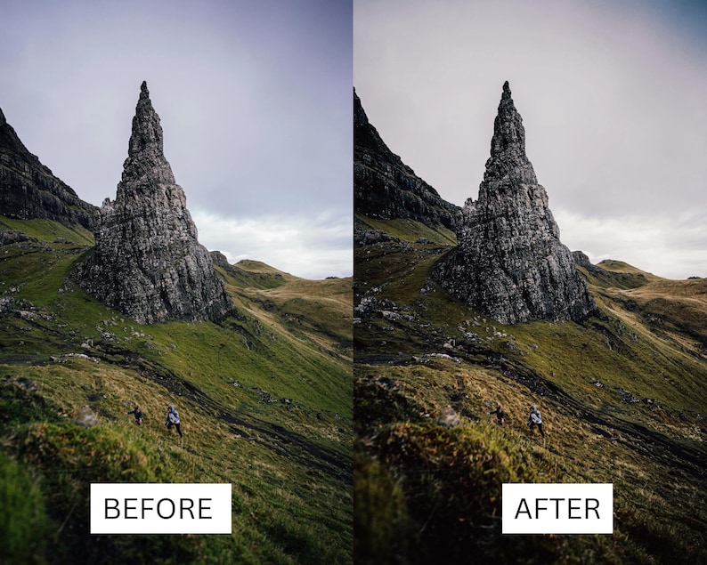 Puede incluir: Fotograf&iacute;a de un paisaje con una formaci&oacute;n rocosa alta y dentada en una ladera, con los textos "BEFORE" y "AFTER" en rect&aacute;ngulos blancos. La roca es gris y la ladera est&aacute; cubierta de hierba verde.