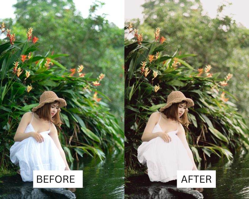 K&ouml;nnte beinhalten: Eine Frau in einem wei&szlig;en Kleid und einem Strohhut sitzt an einem Teich in einem &uuml;ppigen gr&uuml;nen Garten mit roten und gelben Blumen.