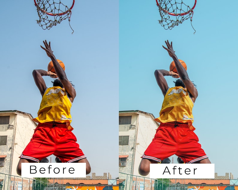 Op de afbeelding: Een basketballer in een geel shirt en rode broek springt om een basketbal door een ring te gooien. De speler is in de lucht met de bal in zijn hand. De lucht is blauw en er is een gebouw op de achtergrond.