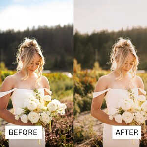 May include: A woman in a white off-the-shoulder dress holds a bouquet of white flowers. The image is split, with "BEFORE" text on the left and "AFTER" text on the right, showcasing a photo editing comparison. The background is a field with trees.