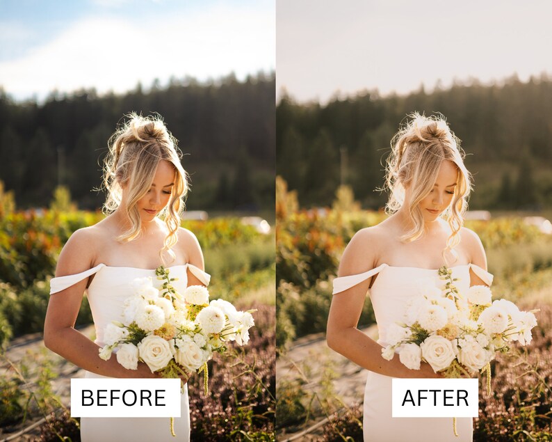 May include: A woman in a white off-the-shoulder dress holds a bouquet of white flowers. The image is split, with "BEFORE" text on the left and "AFTER" text on the right, showcasing a photo editing comparison. The background is a field with trees.