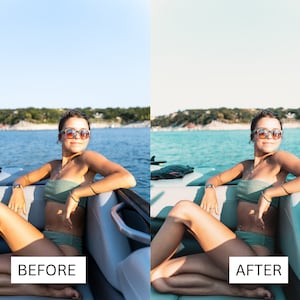 May include: A woman wearing sunglasses and a green bikini top sits in a boat on a lake. The water is blue and the sky is clear. The image is split into two sections, showing the image before and after editing.