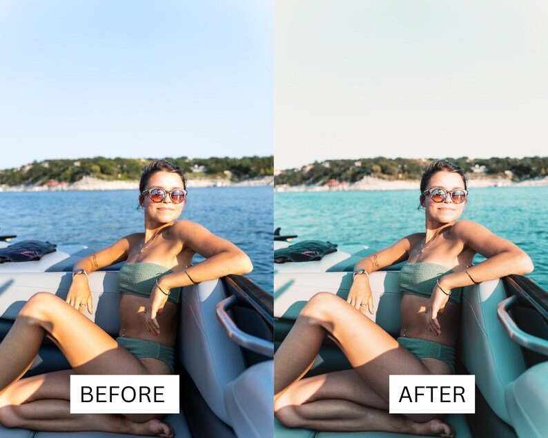 May include: A woman wearing sunglasses and a green bikini top sits in a boat on a lake. The water is blue and the sky is clear. The image is split into two sections, showing the image before and after editing.