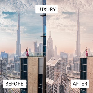 Puede incluir: Una mujer con un vestido rosa se encuentra en una azotea con vistas a un horizonte urbano. El Burj Khalifa, un rascacielos alto, es visible en el fondo. El cielo est&aacute; nublado y la ciudad est&aacute; llena de edificios.