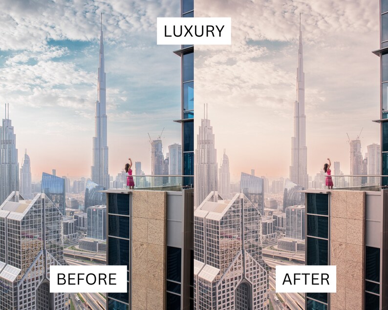 Puede incluir: Una mujer con un vestido rosa se encuentra en una azotea con vistas a un horizonte urbano. El Burj Khalifa, un rascacielos alto, es visible en el fondo. El cielo est&aacute; nublado y la ciudad est&aacute; llena de edificios.