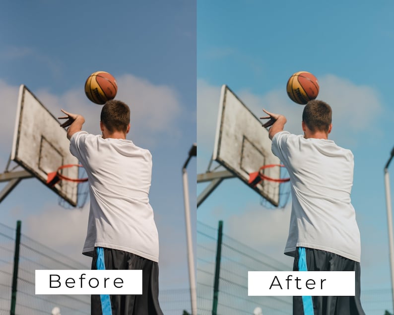 Op de afbeelding: Een persoon in een wit shirt en een zwarte broek speelt basketbal buiten. De persoon gooit de bal met zijn rechterhand in de lucht. De bal is oranje en bruin. De persoon staat voor een basketbalring.