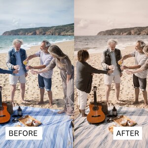 May include: A group of friends enjoy a picnic on a sandy beach. They are toasting each other with glasses of wine. A guitar and a picnic basket are on a blue and white striped blanket.