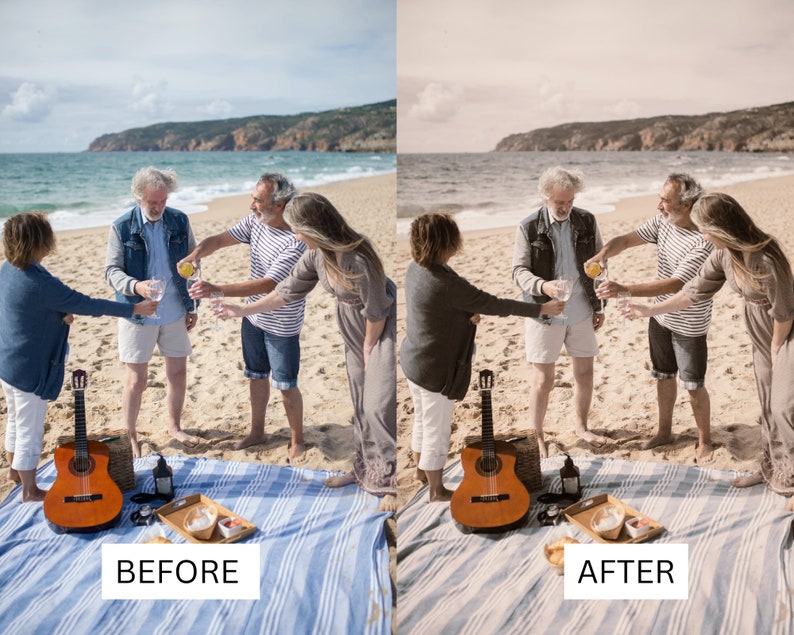May include: A group of friends enjoy a picnic on a sandy beach. They are toasting each other with glasses of wine. A guitar and a picnic basket are on a blue and white striped blanket.