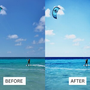 May include: A before and after image of a kite surfer on the ocean. The before image shows a kite surfer on the water with a blue kite against a blue sky with white clouds. The after image shows the same scene with enhanced colors.