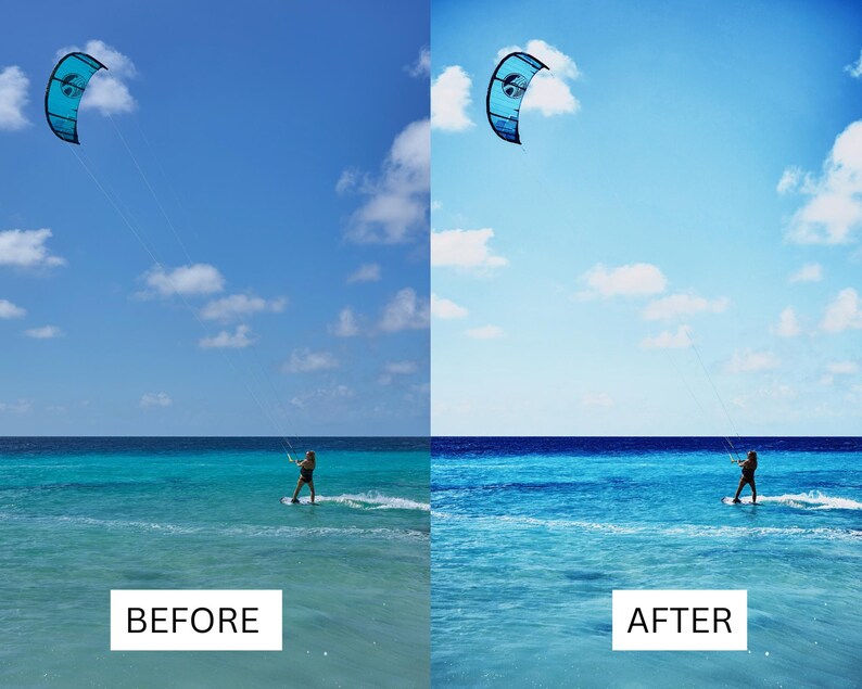 May include: A before and after image of a kite surfer on the ocean. The before image shows a kite surfer on the water with a blue kite against a blue sky with white clouds. The after image shows the same scene with enhanced colors.