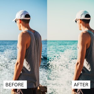 May include: A person wearing a white baseball cap and a gray tank top stands facing the ocean. The ocean is blue and there are white waves crashing on the shore.