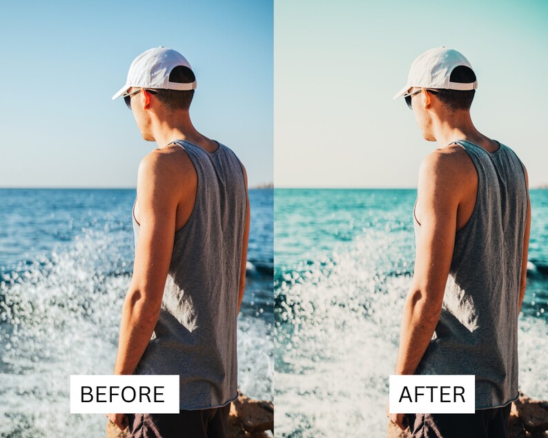 May include: A person wearing a white baseball cap and a gray tank top stands facing the ocean. The ocean is blue and there are white waves crashing on the shore.