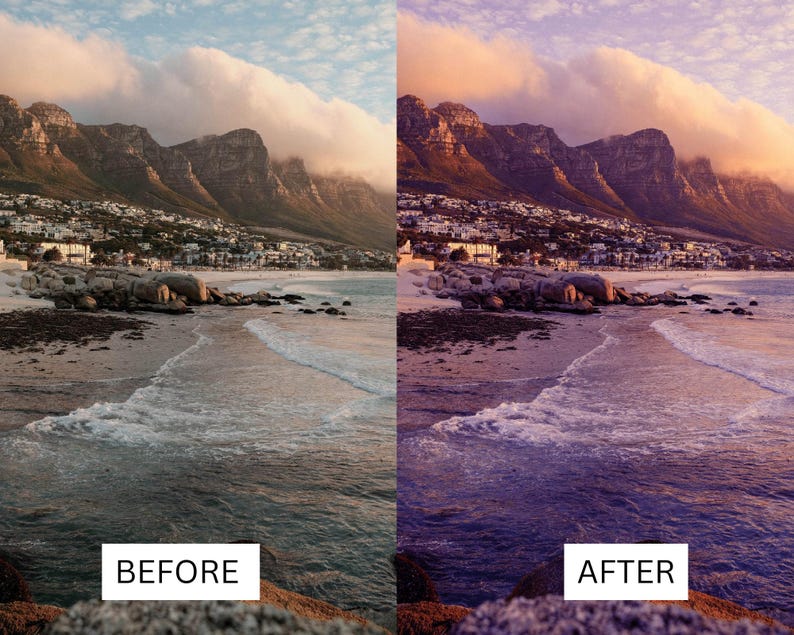 50 paarse zonsondergang LUT's | Dusk Beach Cinematische kleurgradatie voor Premiere Pro, CapCut en DaVinci Resolve | LUT-pakket kustlandschap afbeelding 9