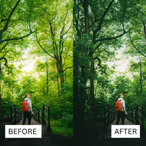 May include: A person with an orange backpack stands on a wooden bridge in a verdant forest. The image is split, with "BEFORE" and "AFTER" text at the bottom, showing a photo editing effect. The forest is filled with tall trees and sunlight.