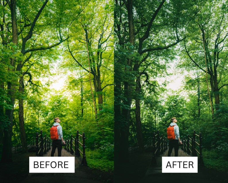 May include: A person with an orange backpack stands on a wooden bridge in a verdant forest. The image is split, with "BEFORE" and "AFTER" text at the bottom, showing a photo editing effect. The forest is filled with tall trees and sunlight.