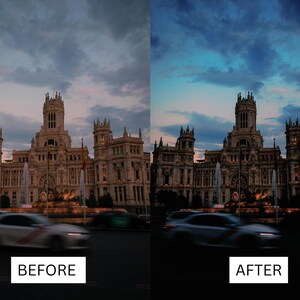 Puede incluir: Imagen dividida que muestra una comparaci&oacute;n del antes y el despu&eacute;s de un edificio al anochecer. La imagen "ANTES" tiene un tono m&aacute;s c&aacute;lido, mientras que la imagen "DESPU&Eacute;S" tiene un tono m&aacute;s fr&iacute;o y vibrante. El edificio es una estructura ornamentada con torres y una fuente.