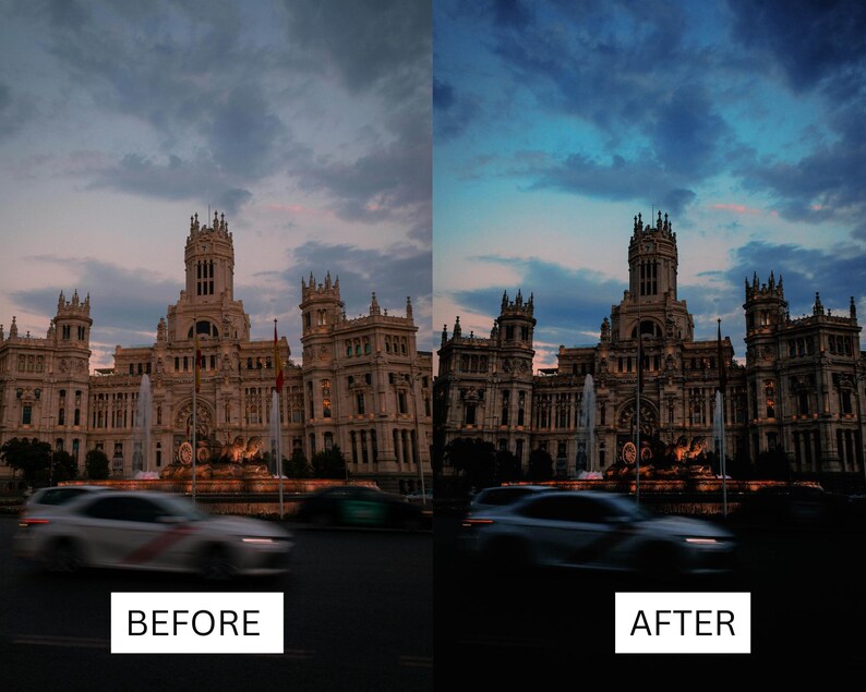 Puede incluir: Imagen dividida que muestra una comparaci&oacute;n del antes y el despu&eacute;s de un edificio al anochecer. La imagen "ANTES" tiene un tono m&aacute;s c&aacute;lido, mientras que la imagen "DESPU&Eacute;S" tiene un tono m&aacute;s fr&iacute;o y vibrante. El edificio es una estructura ornamentada con torres y una fuente.