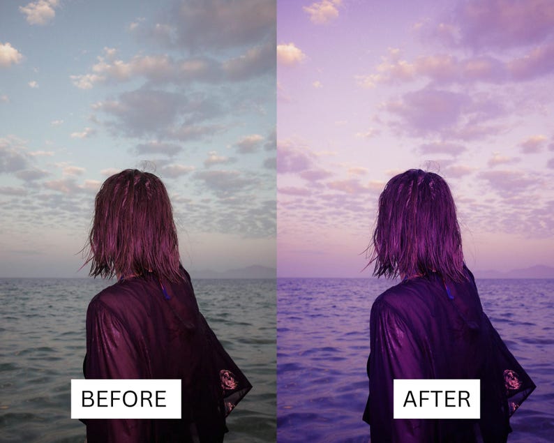 50 paarse zonsondergang LUT's | Dusk Beach Cinematische kleurgradatie voor Premiere Pro, CapCut en DaVinci Resolve | LUT-pakket kustlandschap afbeelding 10