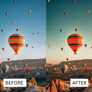May include: A scenic landscape featuring numerous hot air balloons floating in a clear blue sky. The balloons are in various colors, with a prominent orange and yellow striped balloon in the center. The image includes the text "BEFORE" and "AFTER".