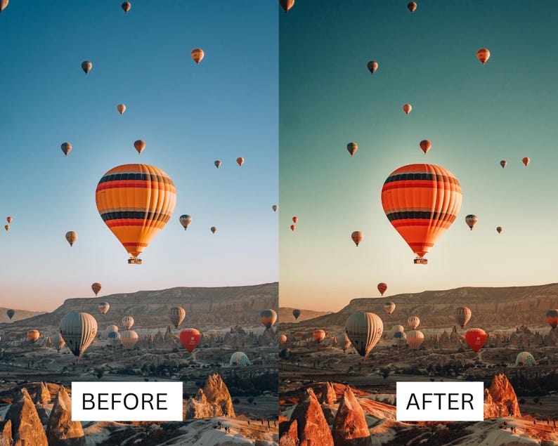 May include: A scenic landscape featuring numerous hot air balloons floating in a clear blue sky. The balloons are in various colors, with a prominent orange and yellow striped balloon in the center. The image includes the text "BEFORE" and "AFTER".