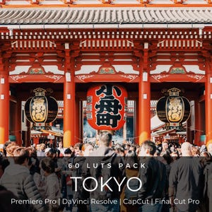 May include: A large red temple gate with traditional architecture, featuring a prominent central red lantern with black Japanese characters and two flanking black lanterns. A crowd of people stands in the foreground. Text reads 60 LUTS PACK TOKYO.