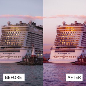 Op de afbeelding: Een voor- en na-afbeelding van een cruiseschip, de Norwegian Encore, bij zonsondergang. Het schip is wit met veel ramen en ligt aangemeerd in de buurt van een vuurtoren. De lucht is een mix van roze en paars.