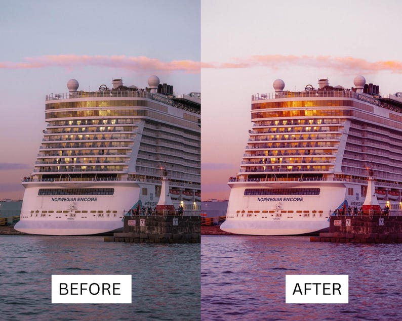 Op de afbeelding: Een voor- en na-afbeelding van een cruiseschip, de Norwegian Encore, bij zonsondergang. Het schip is wit met veel ramen en ligt aangemeerd in de buurt van een vuurtoren. De lucht is een mix van roze en paars.