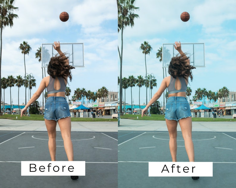 Op de afbeelding: Een vrouw in een grijze sportbeha en een blauwe denim short speelt basketbal op een buitenveld. Ze gooit de bal met haar rechterhand de lucht in. De bal is oranje en wit. Het veld is omringd door palmbomen.