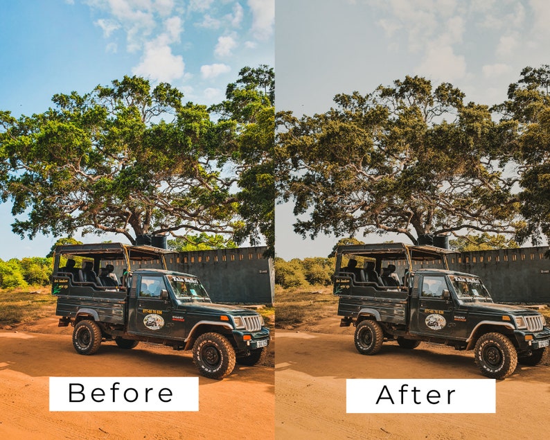 Op de afbeelding: Een zwarte safarijeep met een canvasdak staat geparkeerd op een onverharde weg. De jeep is omringd door bomen en struiken. De lucht is blauw en er zijn wolken in de lucht.