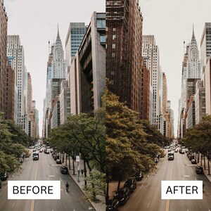 May include: A before and after image showcasing the difference in colour and contrast of a city street scene. The image on the left has a lighter, more muted colour palette, while the image on the right is darker and more vibrant. Both images depict a street lined with tall buildings, with a large building in the distance.