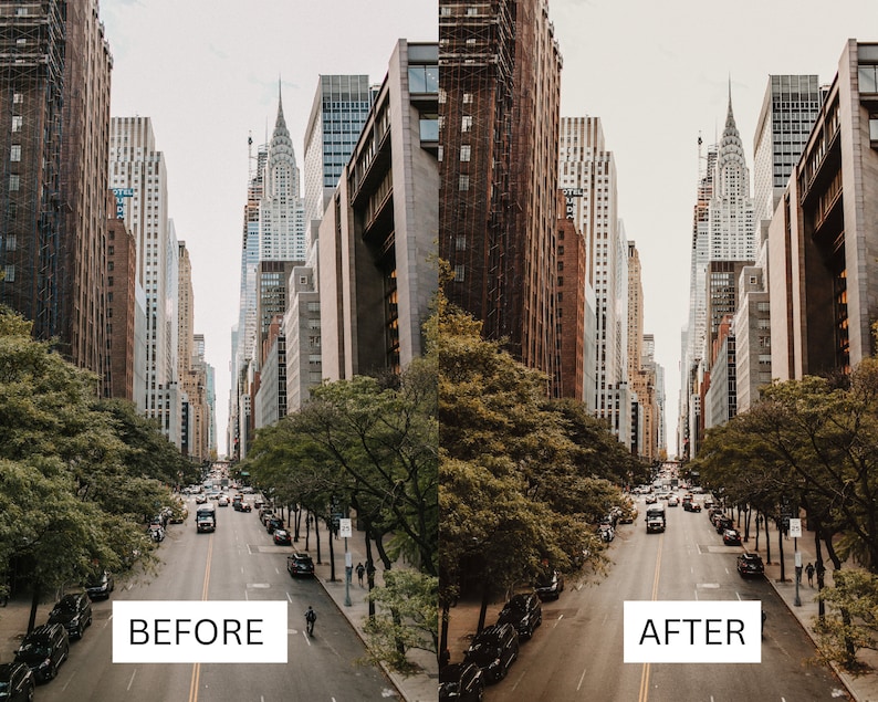 May include: A before and after image showcasing the difference in colour and contrast of a city street scene. The image on the left has a lighter, more muted colour palette, while the image on the right is darker and more vibrant. Both images depict a street lined with tall buildings, with a large building in the distance.