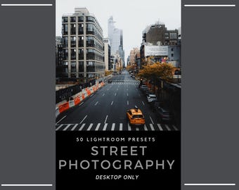 May include: A digital product listing featuring a city street scene with a yellow taxi, tall buildings, and orange construction barriers. The text reads: 50 LIGHTROOM PRESETS STREET PHOTOGRAPHY DESKTOP ONLY. The image is framed by dark gray borders.