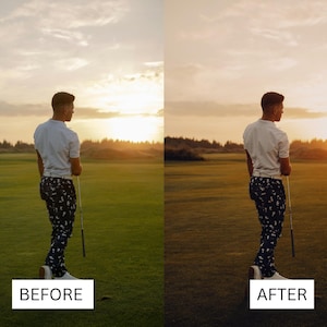 Puede incluir: Una persona con una camisa blanca y pantalones con estampado blanco y negro est&aacute; de pie en un campo de golf, sosteniendo un palo de golf. El sol se est&aacute; poniendo en el fondo.
