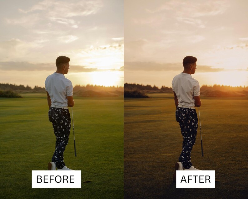 Puede incluir: Una persona con una camisa blanca y pantalones con estampado blanco y negro est&aacute; de pie en un campo de golf, sosteniendo un palo de golf. El sol se est&aacute; poniendo en el fondo.