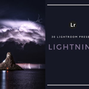 May include: A set of 30 Lightroom presets for editing photos with a lightning theme. The presets are designed to enhance the colors and contrast of photos, making them look more dramatic and atmospheric. The text "Lr" and "30 Lightroom Presets" are displayed in a purple font on a dark blue background. The text "Lightning" is displayed in a white font on a dark blue background.