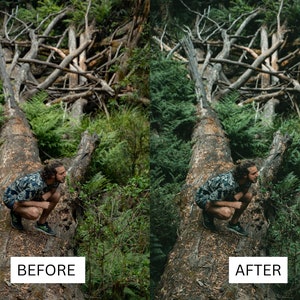 May include: A split image showing a person squatting on a fallen tree trunk in a forest setting. The left side is labelled "BEFORE" and the right side is labelled "AFTER", indicating a photo editing comparison. The forest is lush with green foliage.