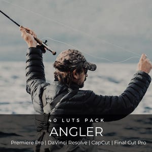 Puede incluir: Una portada de producto digital con una persona con gorra de camuflaje y chaqueta acolchada negra sosteniendo una caña de pescar sobre el agua. El texto dice 40 LUTS PACK ANGLER Premiere Pro | DaVinci Resolve | CapCut | Final Cut Pro.