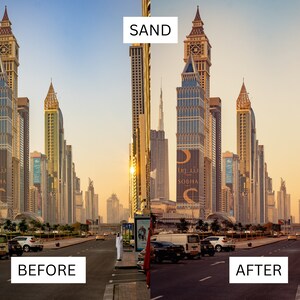 Puede incluir: Una imagen de antes y despu&eacute;s que muestra el efecto de un filtro "SAND" en un paisaje urbano. La imagen de la izquierda muestra un horizonte urbano con edificios altos, una calle y coches aparcados. La imagen de la derecha muestra la misma escena con un tono m&aacute;s c&aacute;lido y dorado.