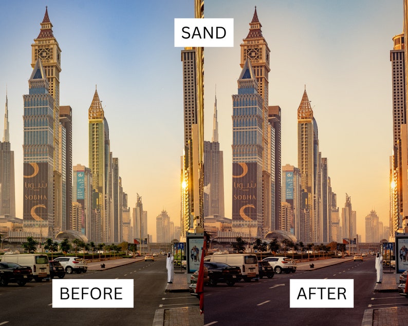 Puede incluir: Una imagen de antes y despu&eacute;s que muestra el efecto de un filtro "SAND" en un paisaje urbano. La imagen de la izquierda muestra un horizonte urbano con edificios altos, una calle y coches aparcados. La imagen de la derecha muestra la misma escena con un tono m&aacute;s c&aacute;lido y dorado.