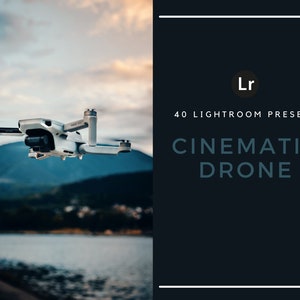 Puede incluir: Un dron blanco volando sobre una masa de agua con una montaña en el fondo. El texto "Lr 40 Lightroom Presets Cinematic Drone" está sobre un fondo azul oscuro.