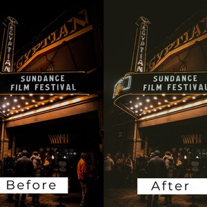 Puede incluir: Una vista nocturna del Egyptian Theatre en Park City, Utah, con las palabras "Sundance Film Festival" en el marquesina. El teatro est&aacute; iluminado con luces amarillas c&aacute;lidas, y hay gente de pie frente a &eacute;l.