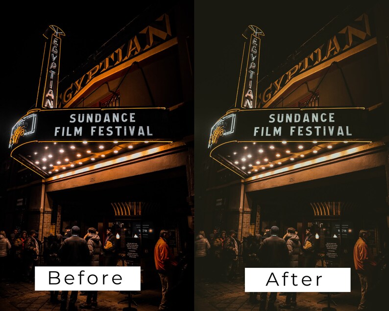 Puede incluir: Una vista nocturna del Egyptian Theatre en Park City, Utah, con las palabras "Sundance Film Festival" en el marquesina. El teatro est&aacute; iluminado con luces amarillas c&aacute;lidas, y hay gente de pie frente a &eacute;l.
