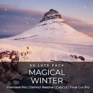 Puede incluir: Una portada de producto digital con un pico de montaña cubierto de nieve bajo un cielo crepuscular. El texto dice: 50 LUTS PACK MAGICAL WINTER Premiere Pro | DaVinci Resolve | CapCut | Final Cut Pro. La escena incluye una cascada congelada.