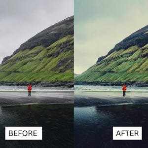 Puede incluir: Imagen dividida que muestra una foto del antes y el despu&eacute;s de un paisaje costero. El lado izquierdo, etiquetado como "ANTES", muestra a una persona con una chaqueta roja en una playa con una monta&ntilde;a. El lado derecho, "DESPU&Eacute;S", muestra la misma escena con colores alterados.
