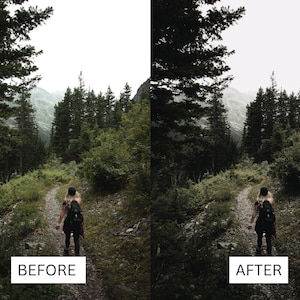 May include: A comparison image of a forest scene before and after editing. A person with a backpack walks along a path surrounded by green foliage. The text "BEFORE" and "AFTER" are in white boxes.