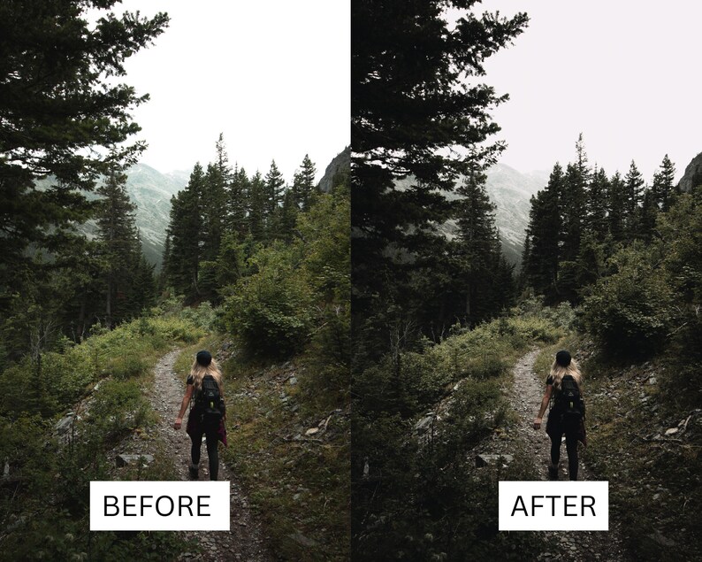 May include: A comparison image of a forest scene before and after editing. A person with a backpack walks along a path surrounded by green foliage. The text "BEFORE" and "AFTER" are in white boxes.